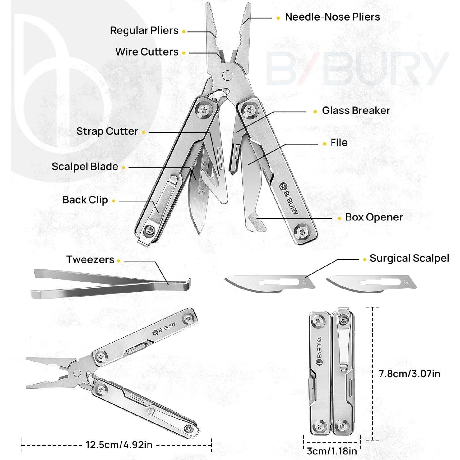 Mini Multiherramienta BIBURY BI2051A, Alicates EDC de Acero Inoxidable
