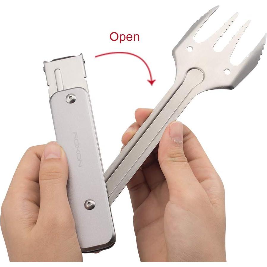 ROXON 4 in 1 Mini Folding BBQ Barbecue Combo Tool Set with Spatula, Fork, Tongs and Bottle Opener for Hiking Camping (Grey)