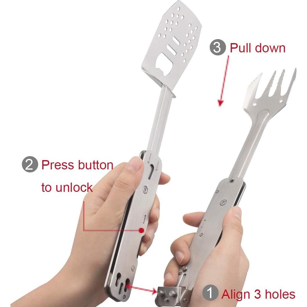 ROXON 4 in 1 Mini Folding BBQ Barbecue Combo Tool Set with Spatula, Fork, Tongs and Bottle Opener for Hiking Camping (Grey)