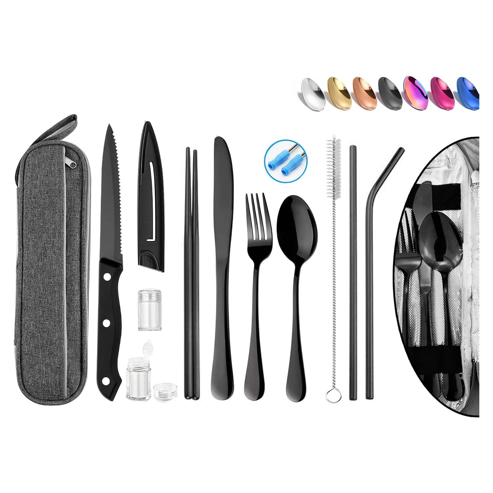 Stainless Steel Portable Reusable Travel Utensils with Case - Flatware Cutlery Set, Chopsticks, Straw - Black
