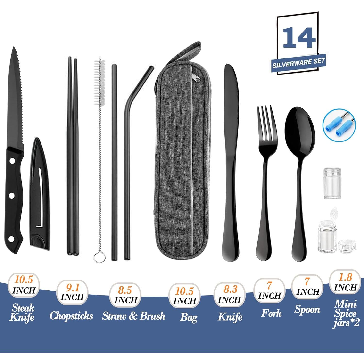 Stainless Steel Portable Reusable Travel Utensils with Case - Flatware Cutlery Set, Chopsticks, Straw - Black
