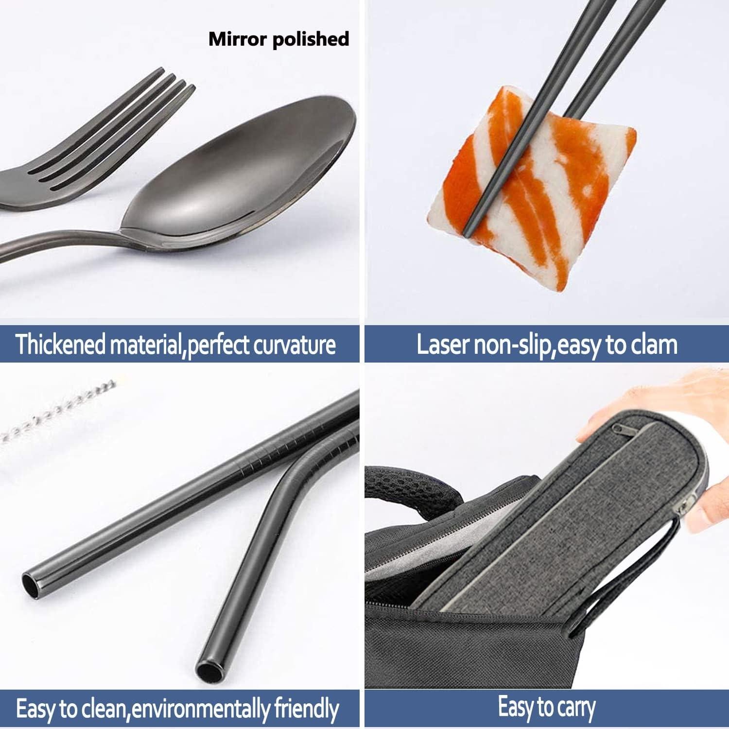 Stainless Steel Portable Reusable Travel Utensils with Case - Flatware Cutlery Set, Chopsticks, Straw - Black