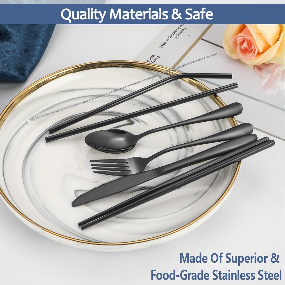 Stainless Steel Portable Reusable Travel Utensils with Case - Flatware Cutlery Set, Chopsticks, Straw - Black