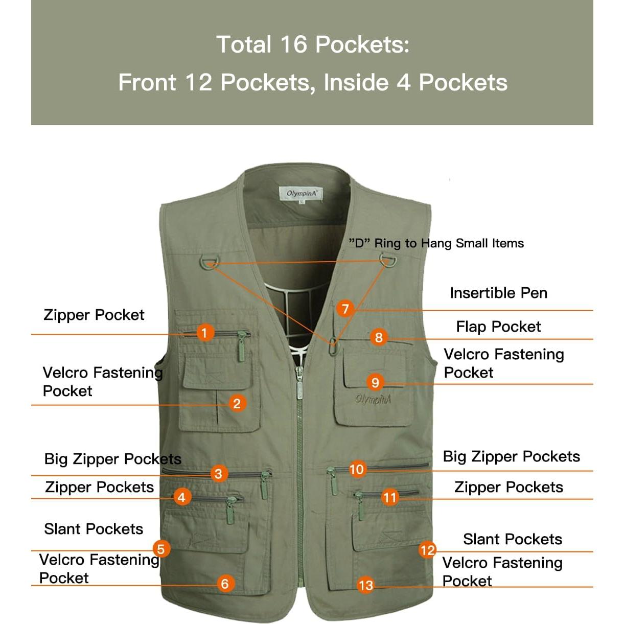 Chaleco de Pesca Flygo para Hombre con 16 Bolsillos Verde Militar