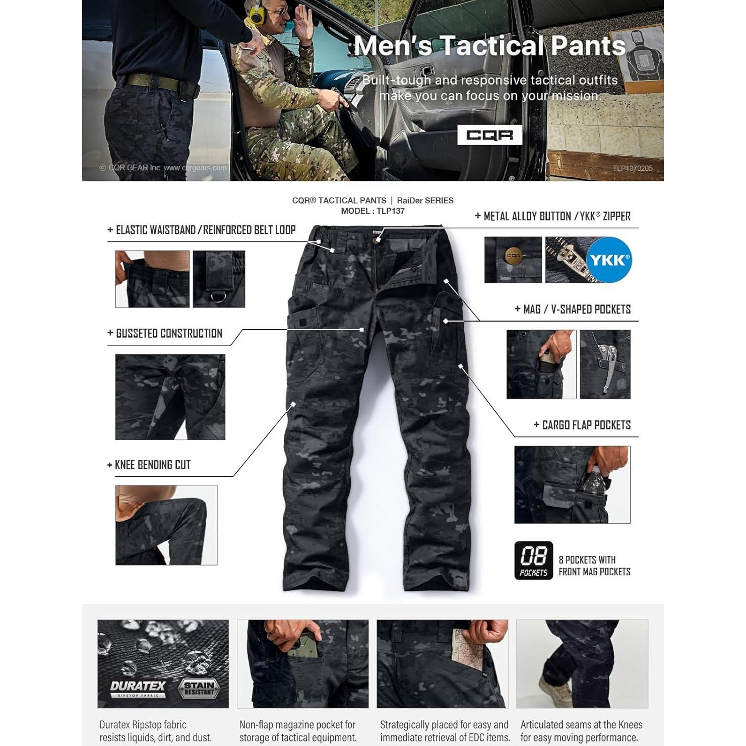 Pantalones Tácticos CQR Hombre Ripstop Resistente Agua 40W x 34L