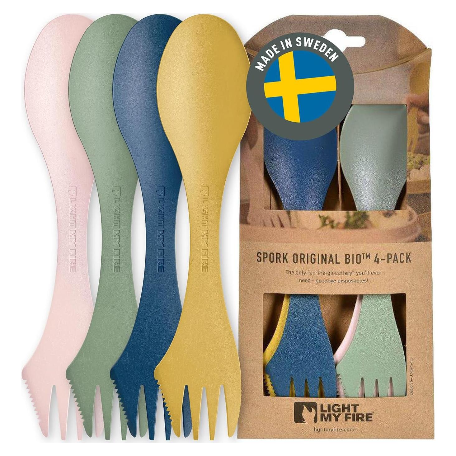 Light My Fire Spork Original 4-Pack 3-in-1 Camping Spoon Fork Knife Combo Reusable Travel & Camping Utensils Lunch Spork Outdoor Backpacking Hiking Picnic Utensil BPA Free, Nature