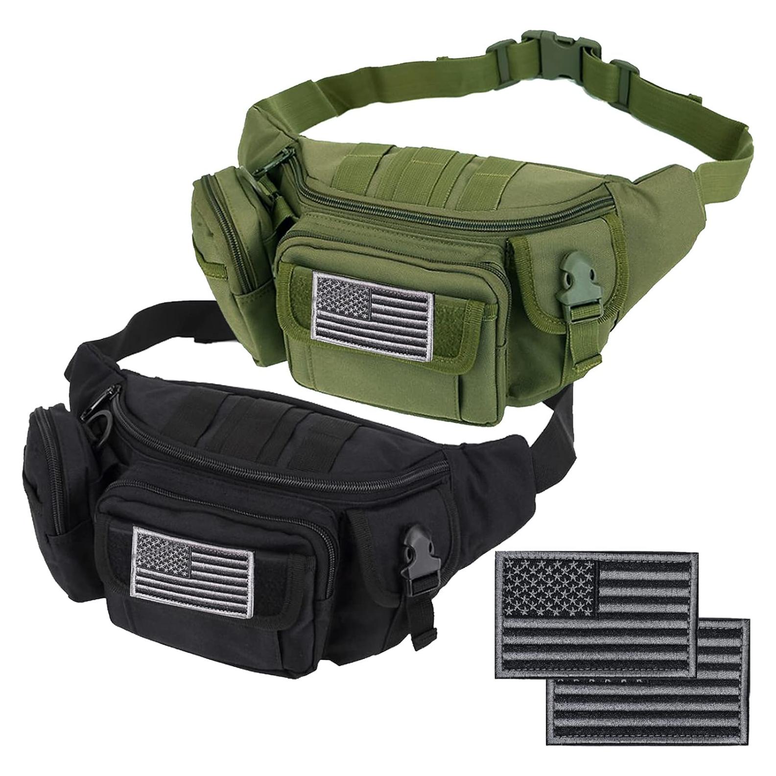 Tactical Fanny Packs, Military Waist Bag Utility Hip Belt Bags for Hiking Climbing Fishing Cycling Hunting with U.S Patch (Green+Black)