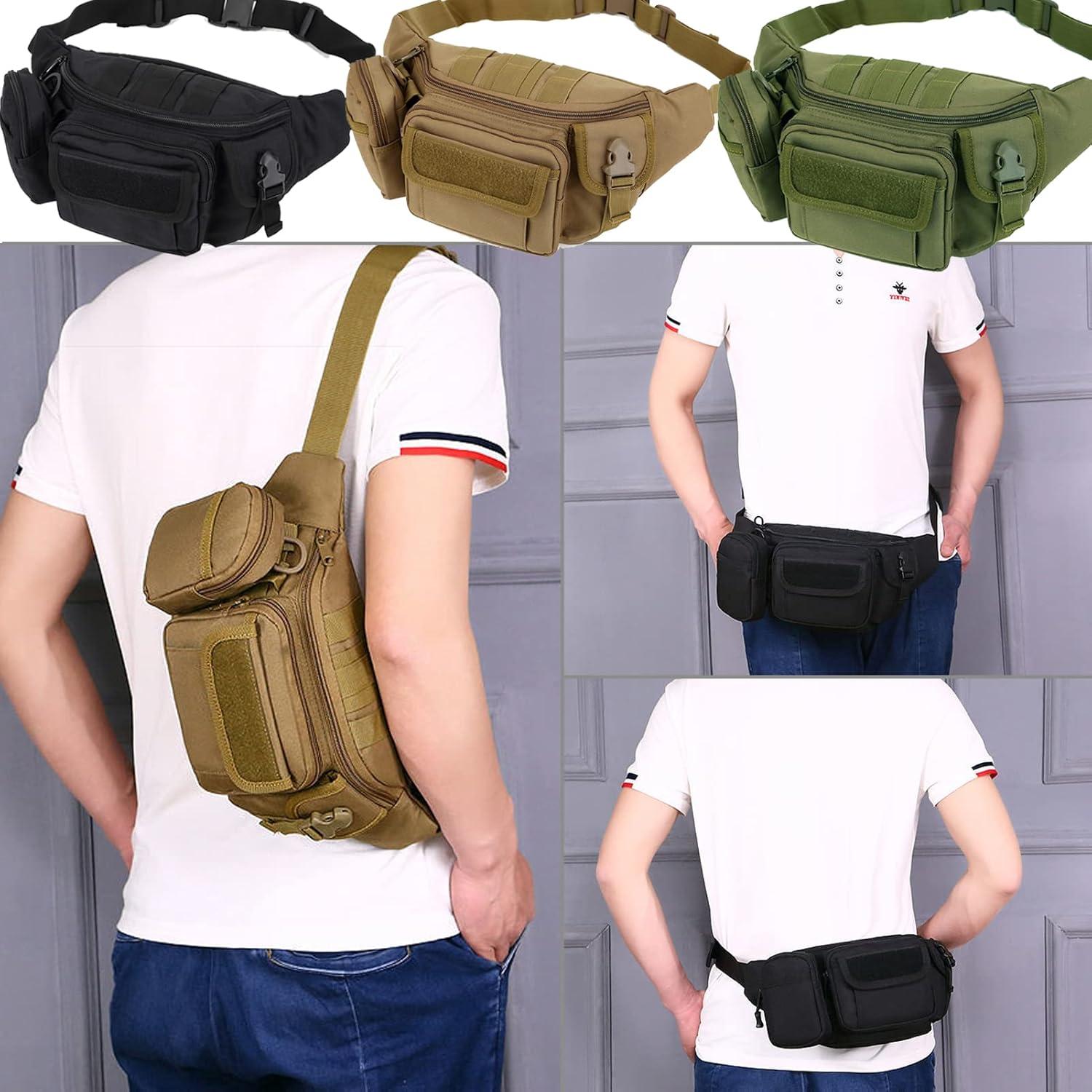 Tactical Fanny Packs, Military Waist Bag Utility Hip Belt Bags for Hiking Climbing Fishing Cycling Hunting with U.S Patch (Green+Black)