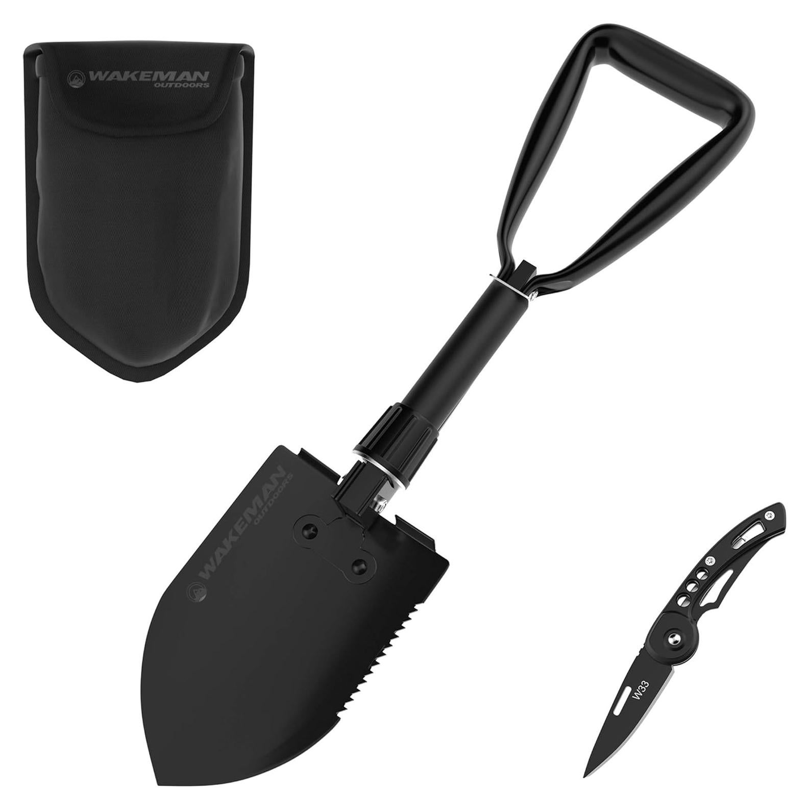 Folding Multitool Shovel, Pickaxe and Saw with Included Pocket Knife and Carry Bag- Survival Tool Camping, Hiking and Emergency by Wakeman Outdoors