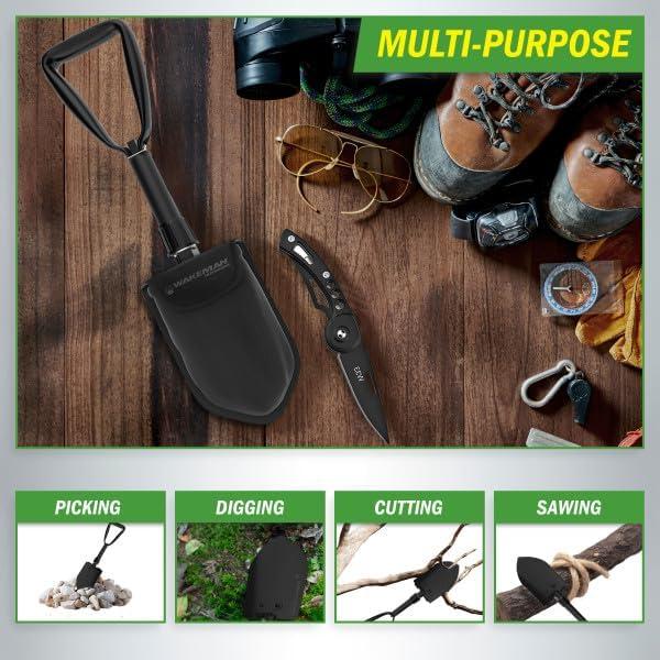 Folding Multitool Shovel, Pickaxe and Saw with Included Pocket Knife and Carry Bag- Survival Tool Camping, Hiking and Emergency by Wakeman Outdoors