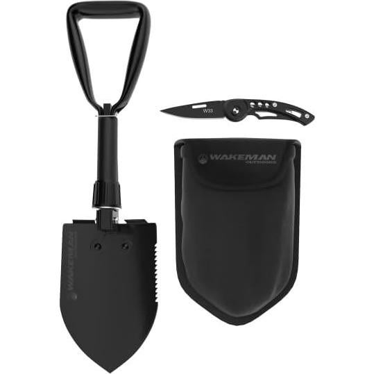 Folding Multitool Shovel, Pickaxe and Saw with Included Pocket Knife and Carry Bag- Survival Tool Camping, Hiking and Emergency by Wakeman Outdoors