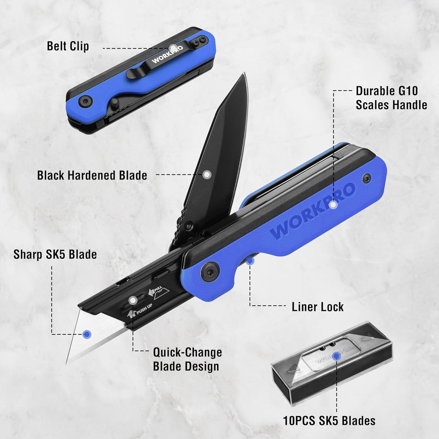 Cuchillo Plegable Multi Herramienta WORKPRO 2-en-1 Azul