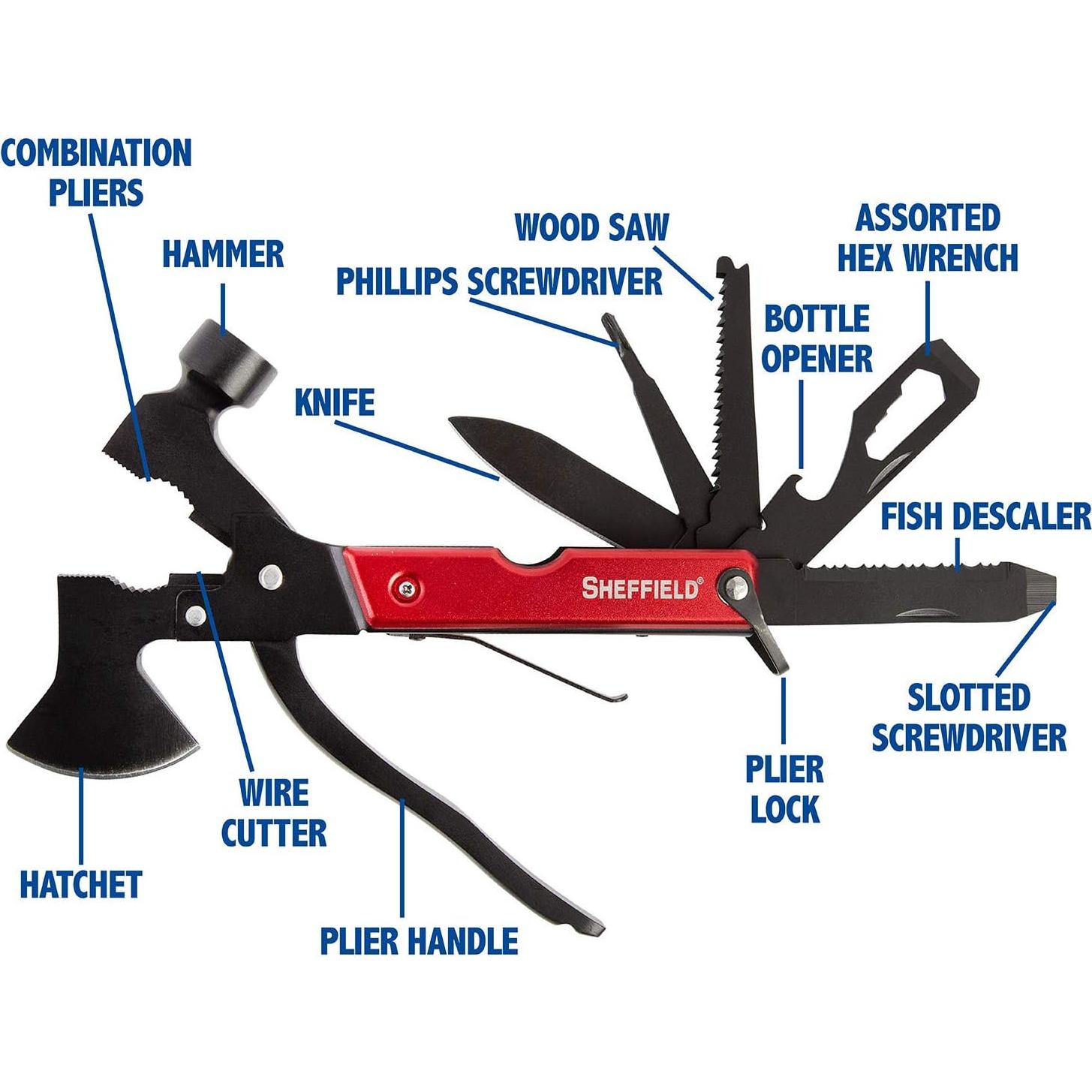 Hacha Multiherramienta Sheffield 14-en-1 Acero Aleado Rojo