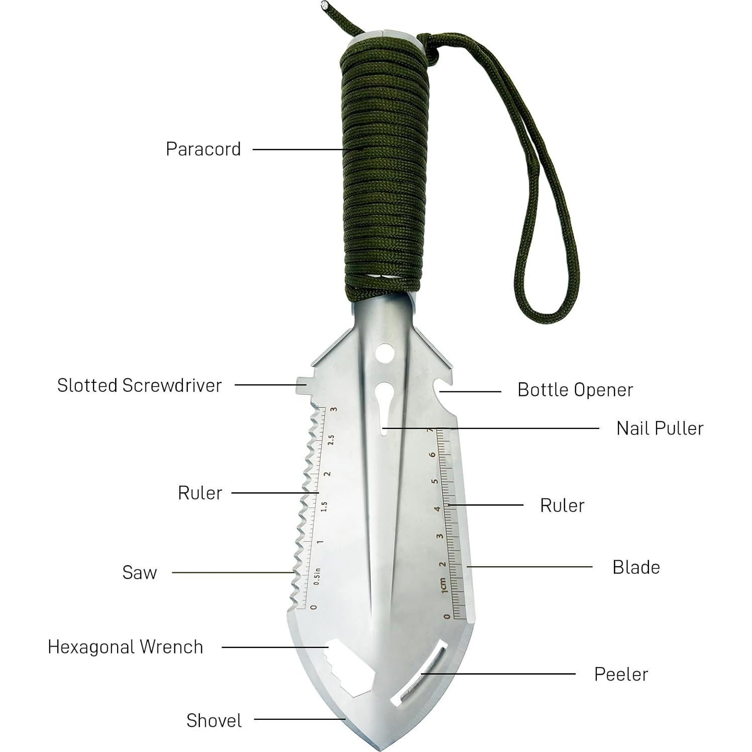 Small Camping Shovel, 9 in 1 Mini Hand Shovel, Portable Backpacking Trowel, Ultralight Compact Multitool for Camping, Gardening, Outdoor Survival, Silver