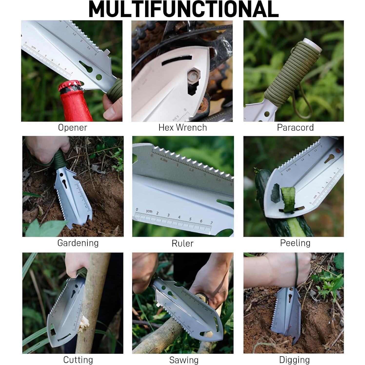 Small Camping Shovel, 9 in 1 Mini Hand Shovel, Portable Backpacking Trowel, Ultralight Compact Multitool for Camping, Gardening, Outdoor Survival, Silver