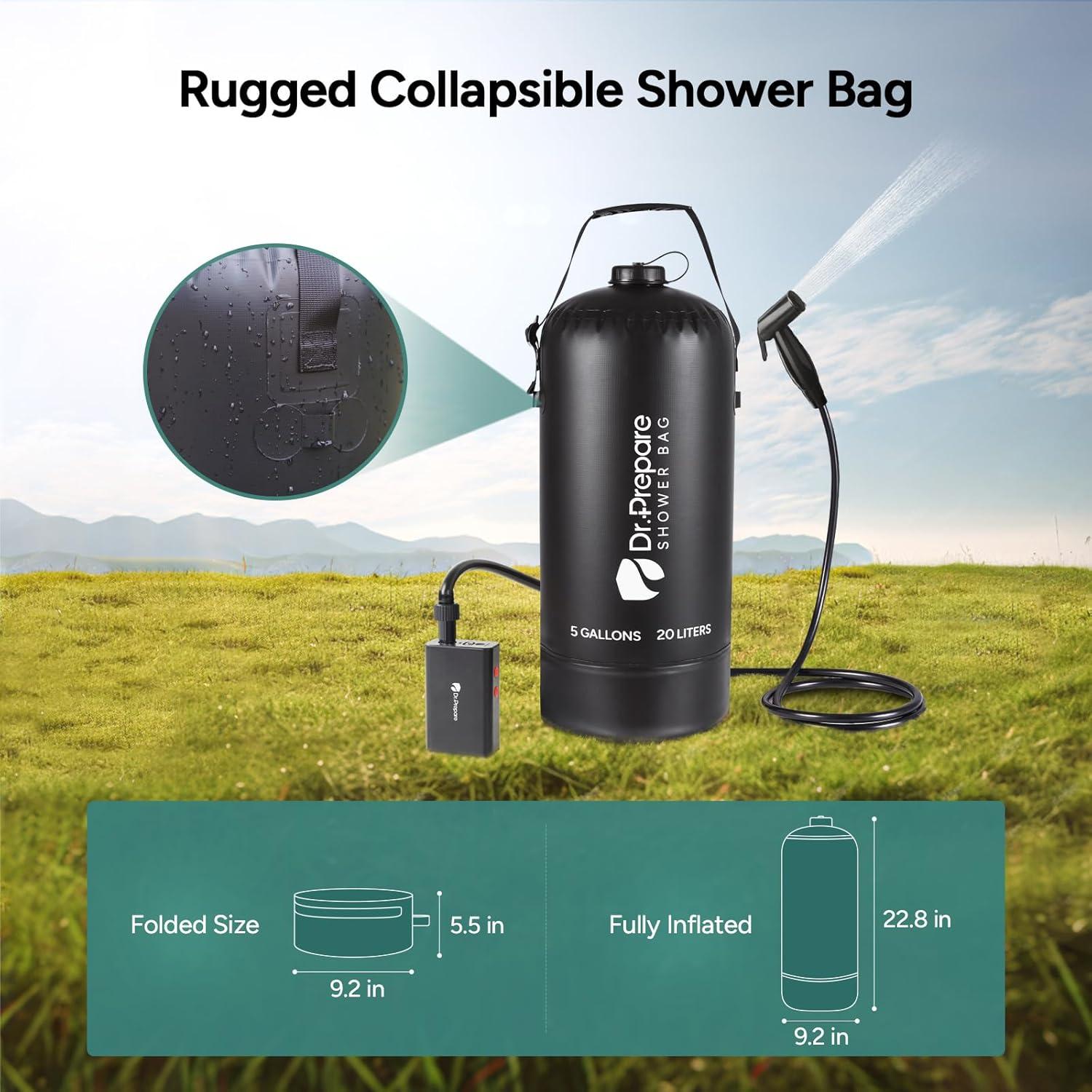 Ducha Portátil DR.PREPARE 20L con Bomba Eléctrica para Camping