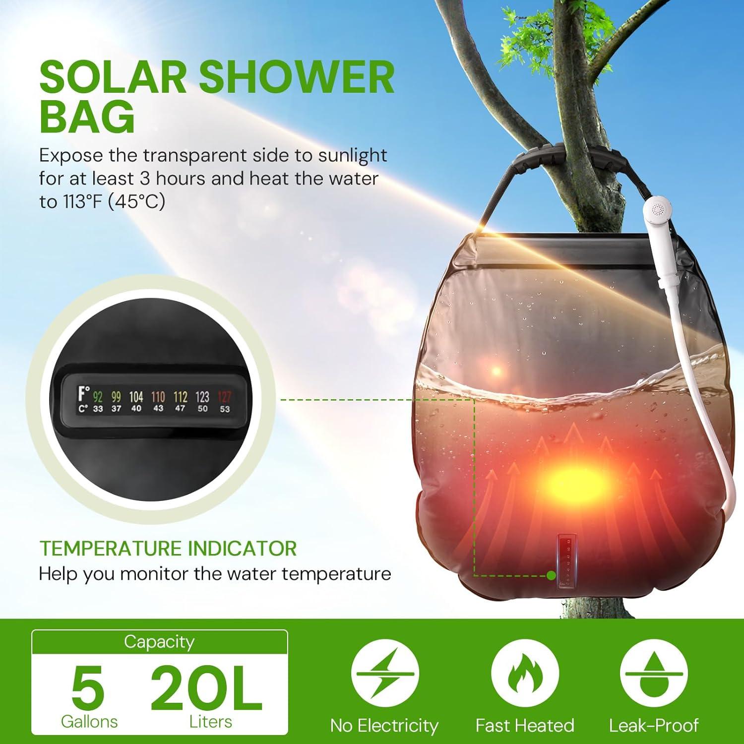 Bolsa de Ducha Solar Camping Sapsisel 20L con Manguera y Cabezal