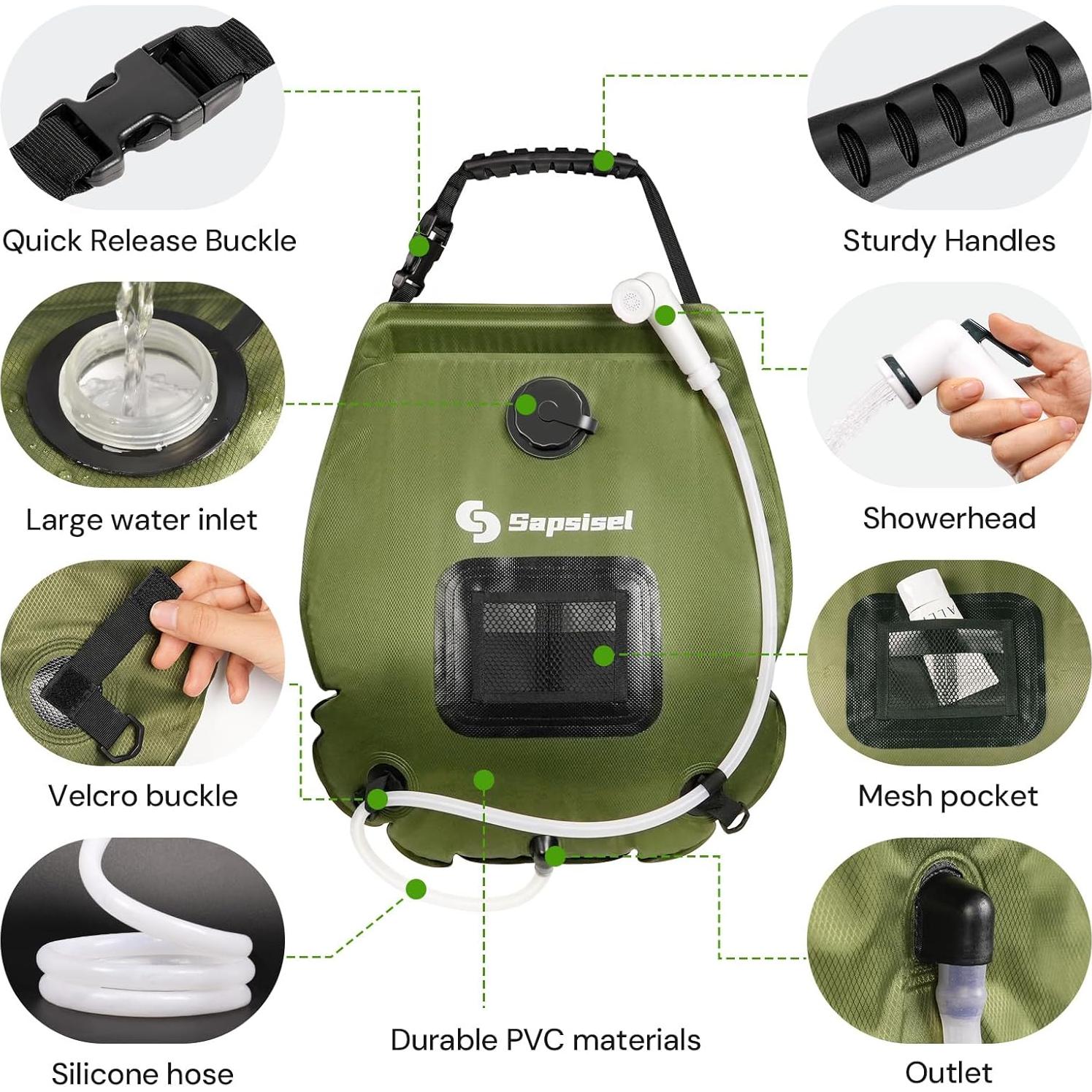 Bolsa de Ducha Solar Camping Sapsisel 20L con Manguera y Cabezal