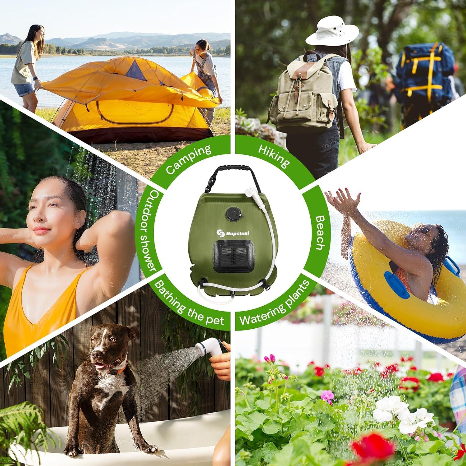 Bolsa de Ducha Solar Camping Sapsisel 20L con Manguera y Cabezal