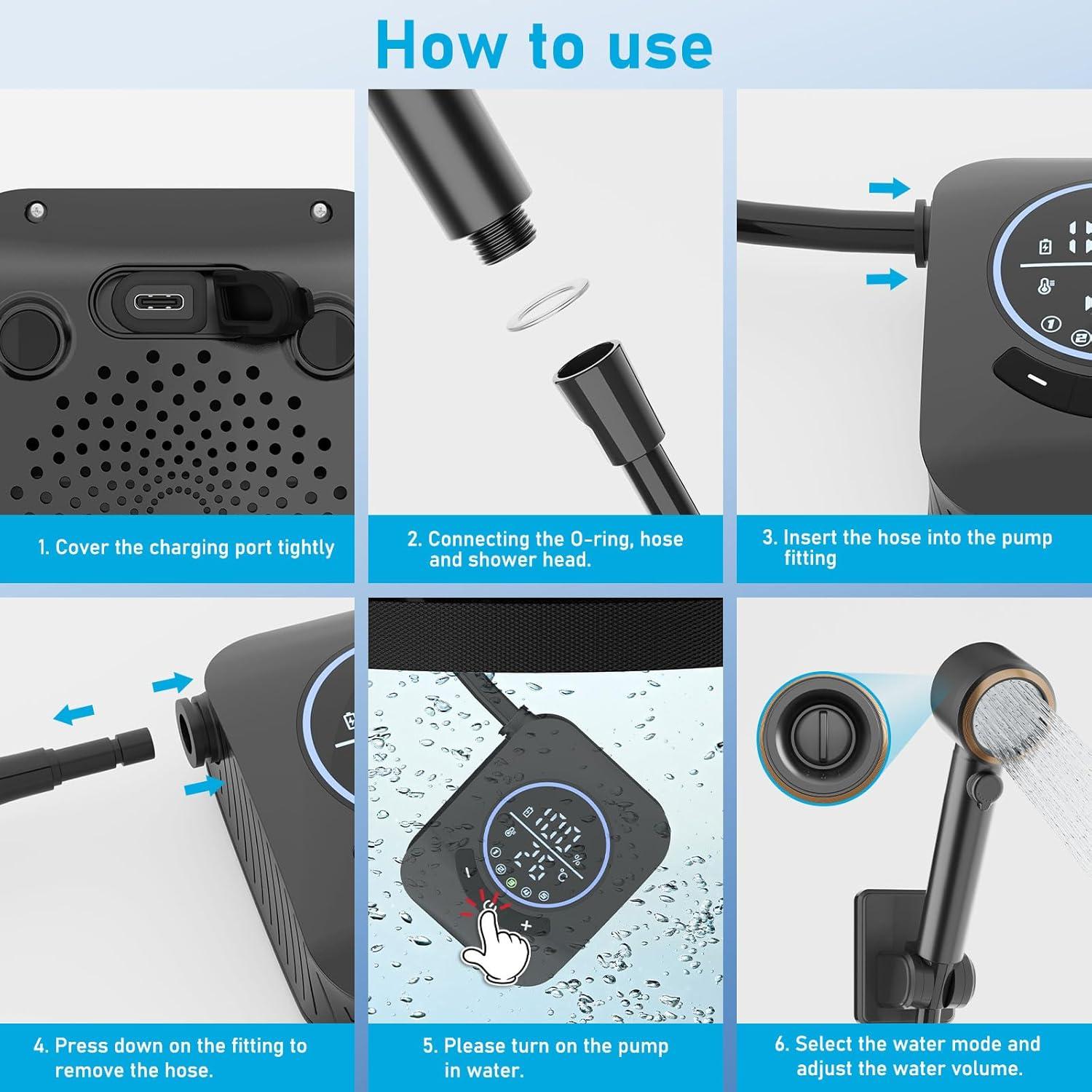 Ducha de Camping Portátil GOSCHE 8000mAh con Cubo 19L