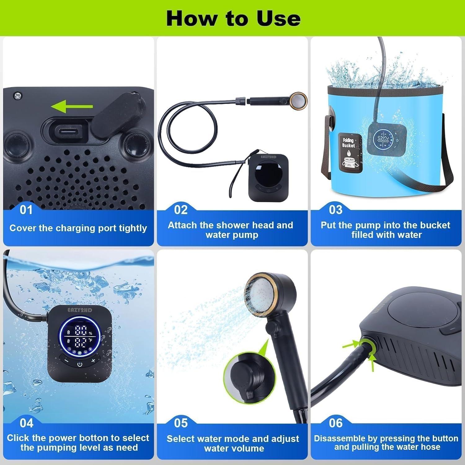 Ducha Portátil Eazy2hD 8000mAh IPX8 4 Modos Camping