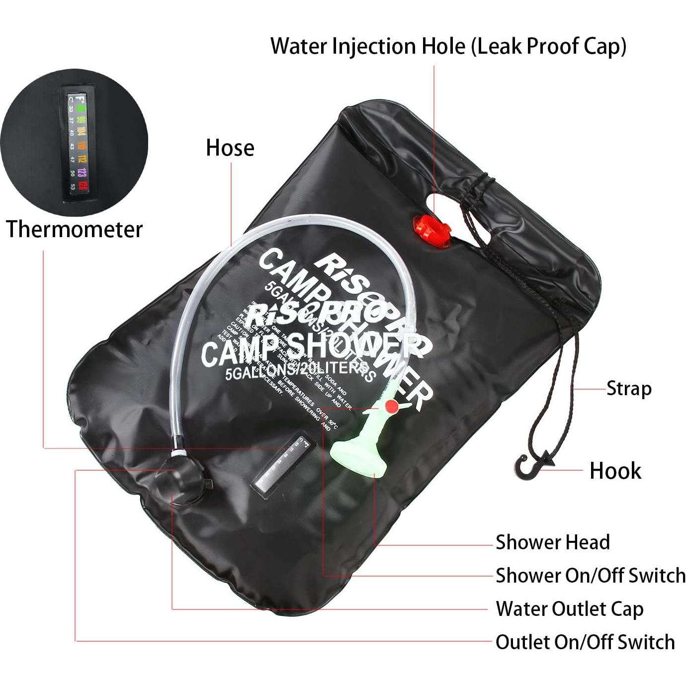 Bolsa de Ducha Solar RISEPRO 20L Calentamiento 45°C Camping
