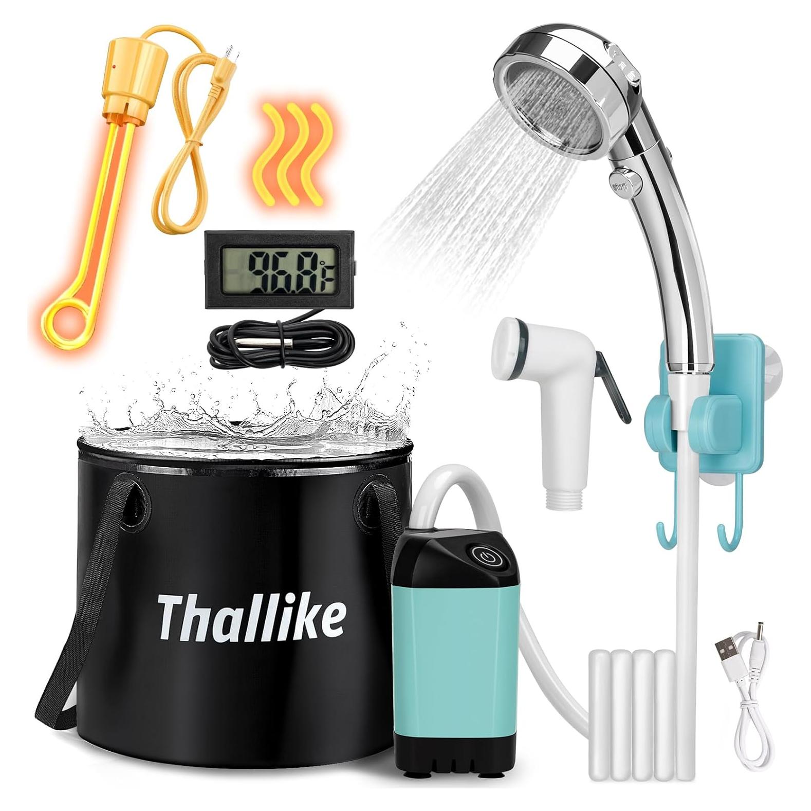 Portable Shower for Camping with Immersion Water Heater, Rechargeable Camping Shower Pump, Outdoor Hot Shower with 6.6 Gallons Folding Bucket for Camping, Hiking, Traveling, Washing