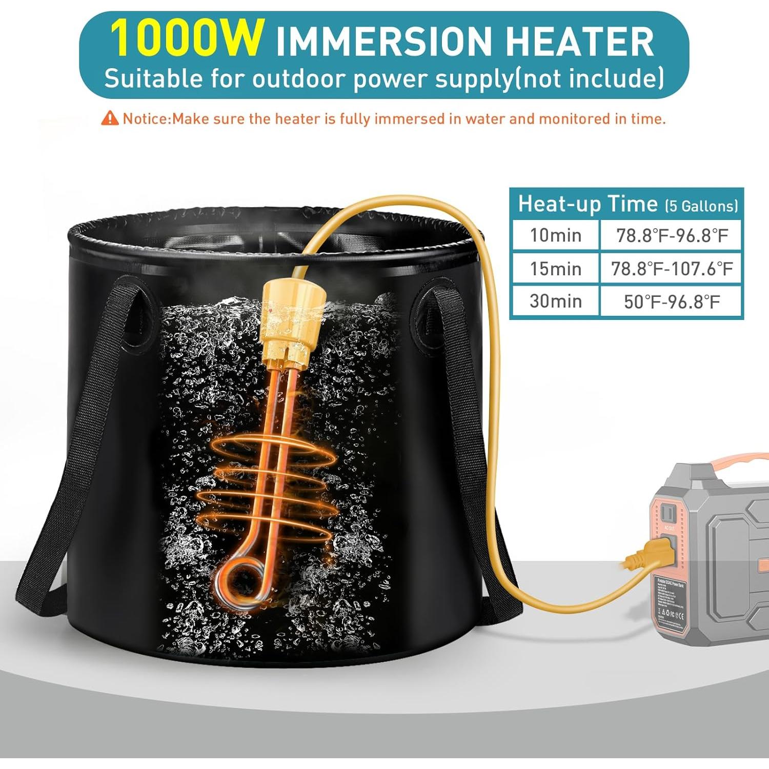 Portable Shower for Camping with Immersion Water Heater, Rechargeable Camping Shower Pump, Outdoor Hot Shower with 6.6 Gallons Folding Bucket for Camping, Hiking, Traveling, Washing