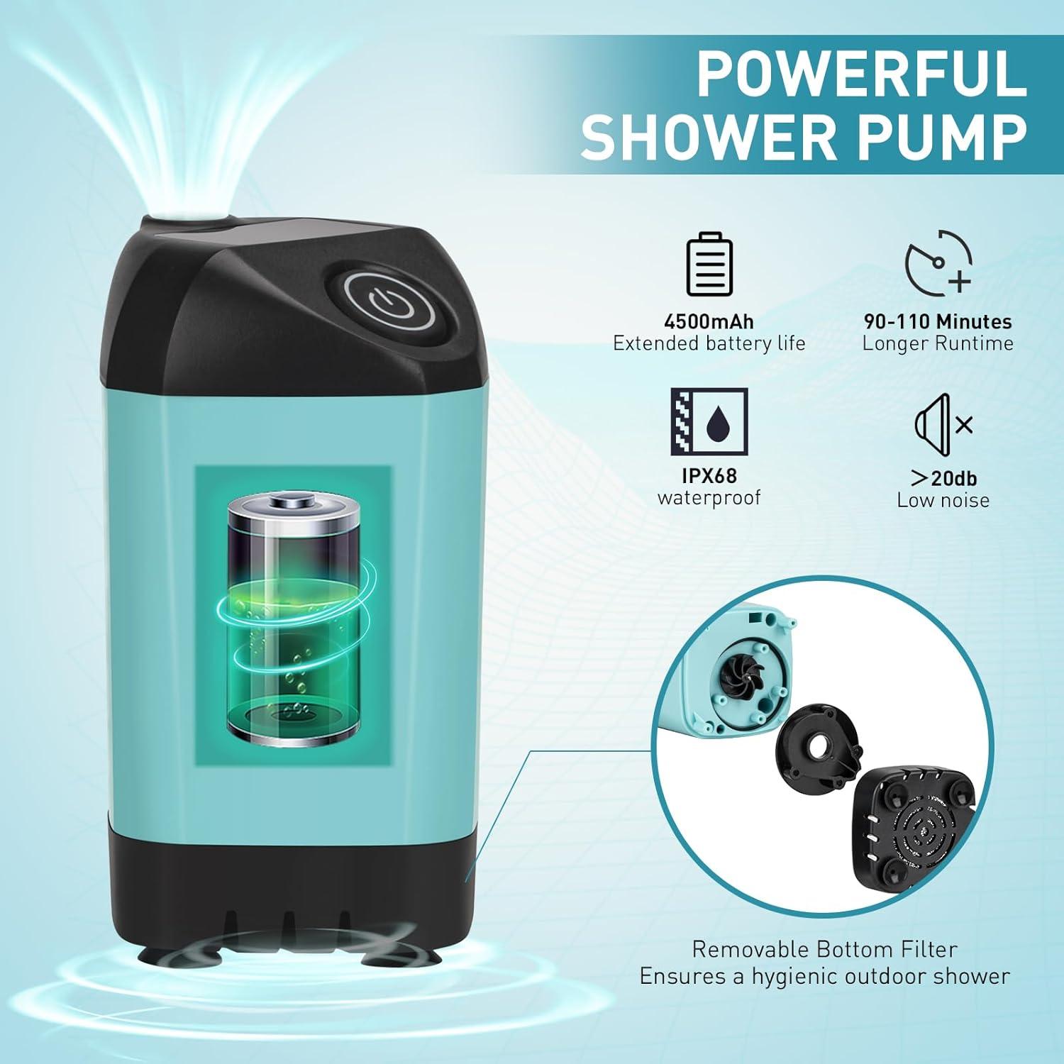 Portable Shower for Camping with Immersion Water Heater, Rechargeable Camping Shower Pump, Outdoor Hot Shower with 6.6 Gallons Folding Bucket for Camping, Hiking, Traveling, Washing