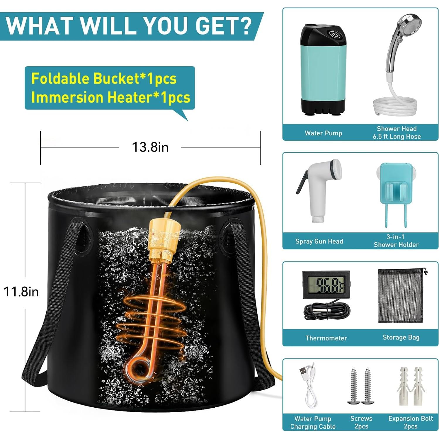 Portable Shower for Camping with Immersion Water Heater, Rechargeable Camping Shower Pump, Outdoor Hot Shower with 6.6 Gallons Folding Bucket for Camping, Hiking, Traveling, Washing