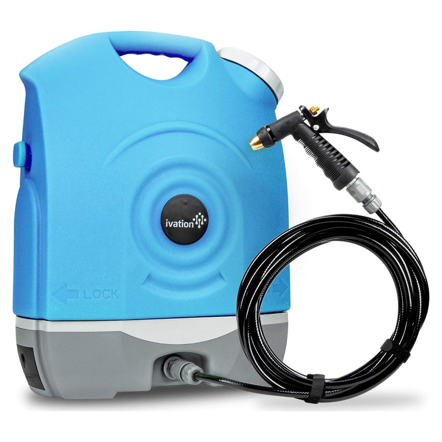 Ivation Multipurpose Portable Spray Washer w/Water Tank – Built in Rechargeable 2200 mAh Lithium Battery and 12v Car Plug - Metal Trigger Guns, Shower & Brush Heads and Flexible Hose