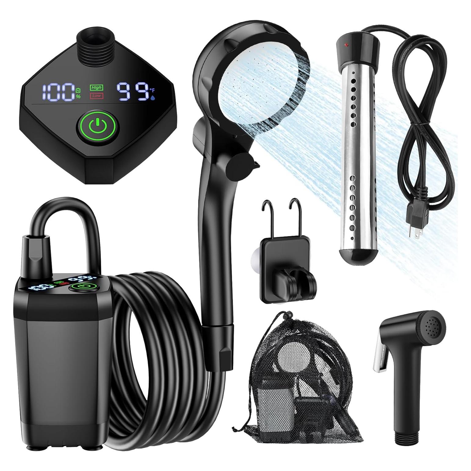 Portable Camping Shower with Heater, Long-Lasting 6000mAh Rechargeable Camping Shower with Sprayer Head,4 Spray Modes,IPX7 Waterproof Outdoor Camp Pump for Hiking, Travel, Car, Pet