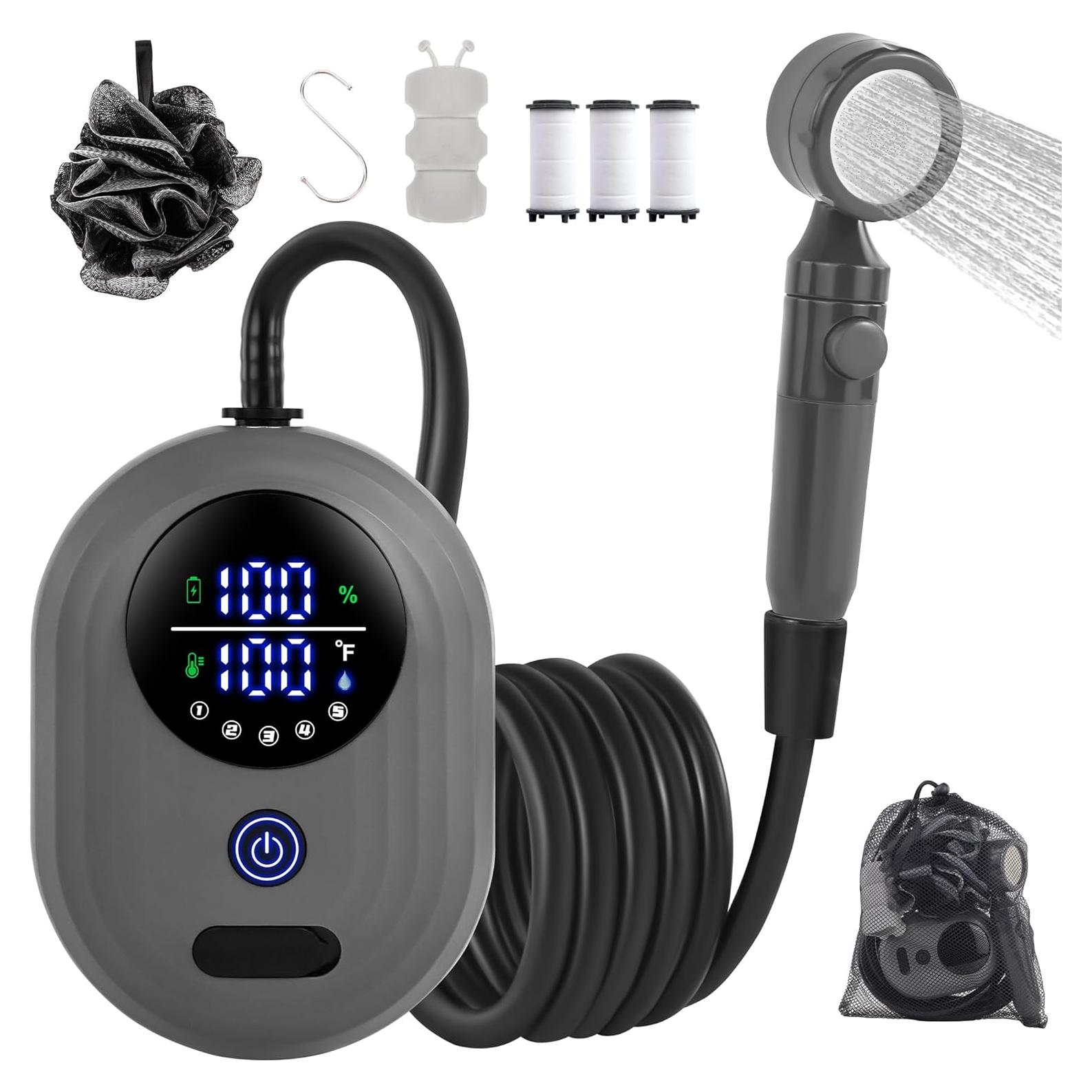 Lightweight Portable Camping Shower, 6000mAh Rechargeable Outdoor Shower Pump with 5 Pressure Modes, Filtered Shower Head, Temperature & Power Display for Hiking, Travel, Washing, Emergency