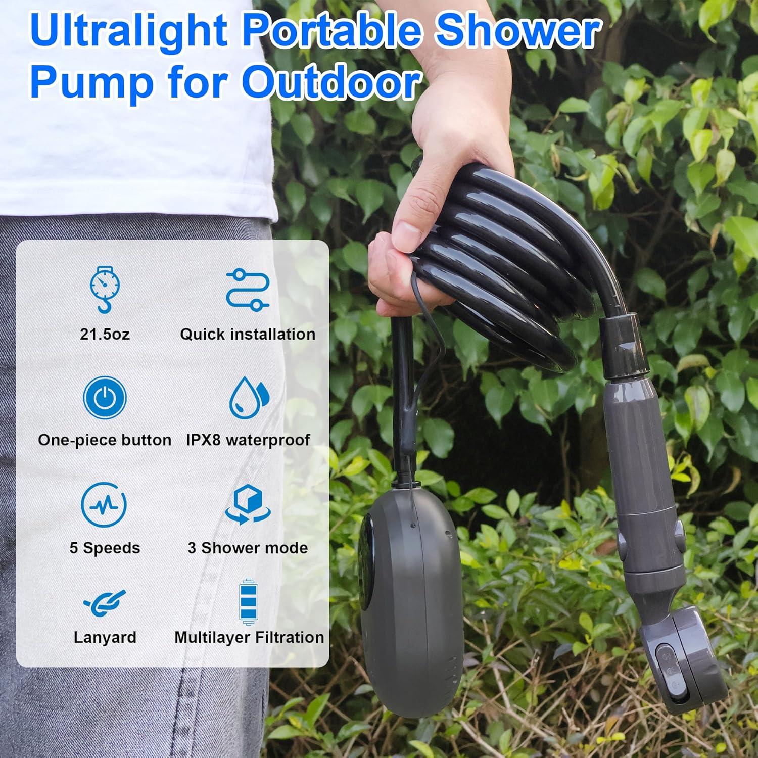 Lightweight Portable Camping Shower, 6000mAh Rechargeable Outdoor Shower Pump with 5 Pressure Modes, Filtered Shower Head, Temperature & Power Display for Hiking, Travel, Washing, Emergency