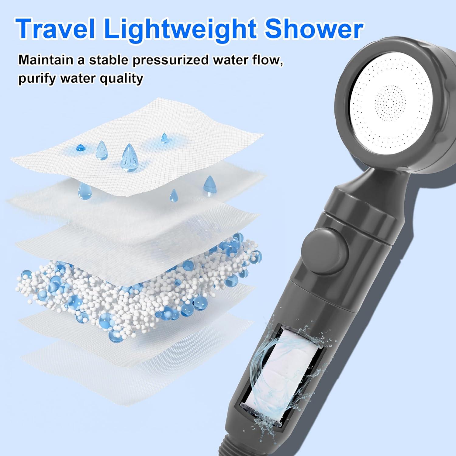 Lightweight Portable Camping Shower, 6000mAh Rechargeable Outdoor Shower Pump with 5 Pressure Modes, Filtered Shower Head, Temperature & Power Display for Hiking, Travel, Washing, Emergency