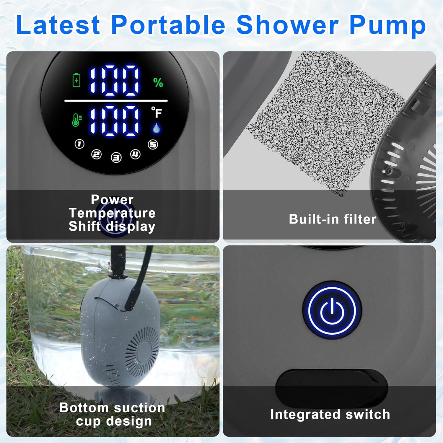 Lightweight Portable Camping Shower, 6000mAh Rechargeable Outdoor Shower Pump with 5 Pressure Modes, Filtered Shower Head, Temperature & Power Display for Hiking, Travel, Washing, Emergency