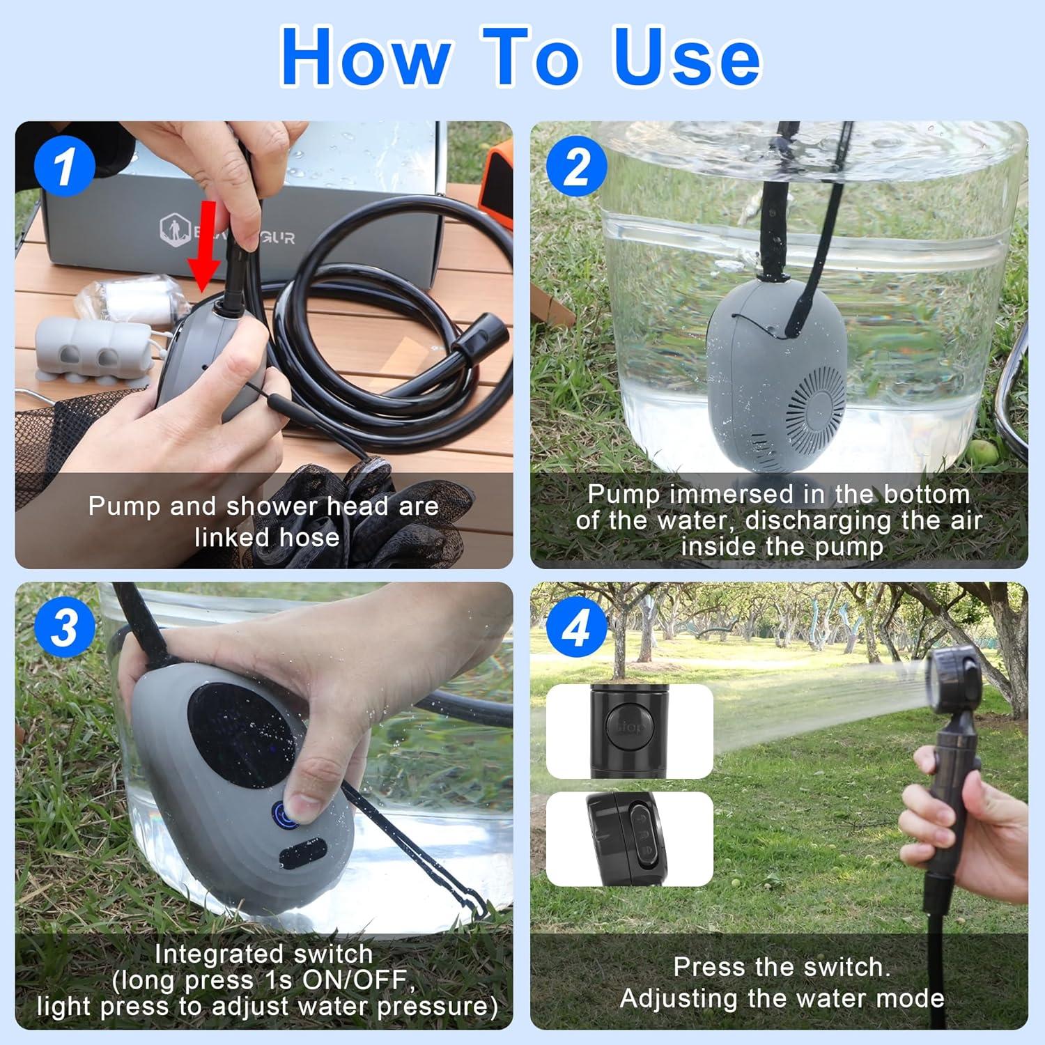 Lightweight Portable Camping Shower, 6000mAh Rechargeable Outdoor Shower Pump with 5 Pressure Modes, Filtered Shower Head, Temperature & Power Display for Hiking, Travel, Washing, Emergency