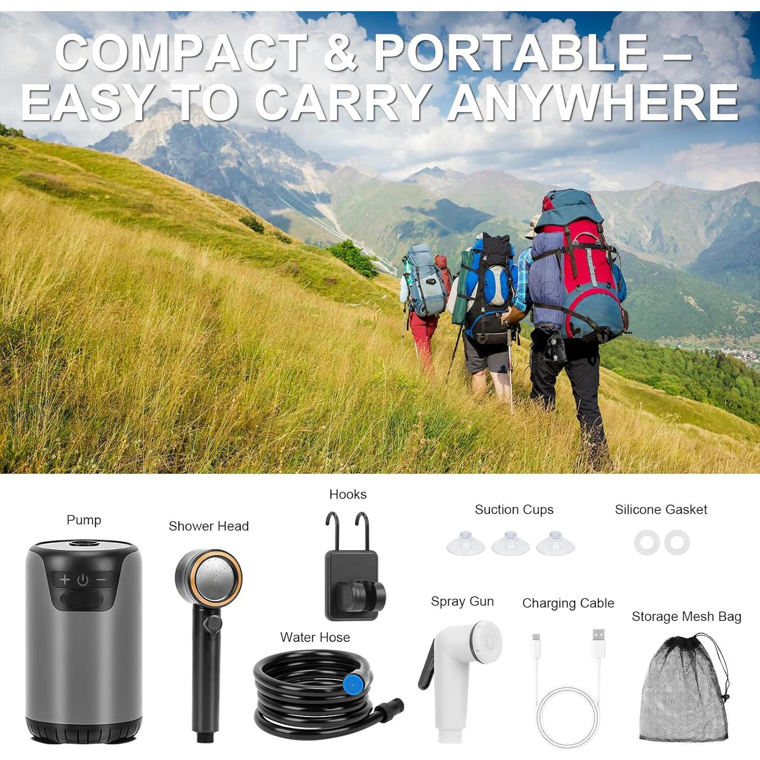 Portable Shower for Camping, Rechargeable Camping Shower Pump with LED Display & IPX8 Waterproof - High Pressure Electric Outdoor Shower for Hiking, Car Wash, Pet Bath, RV, Boat