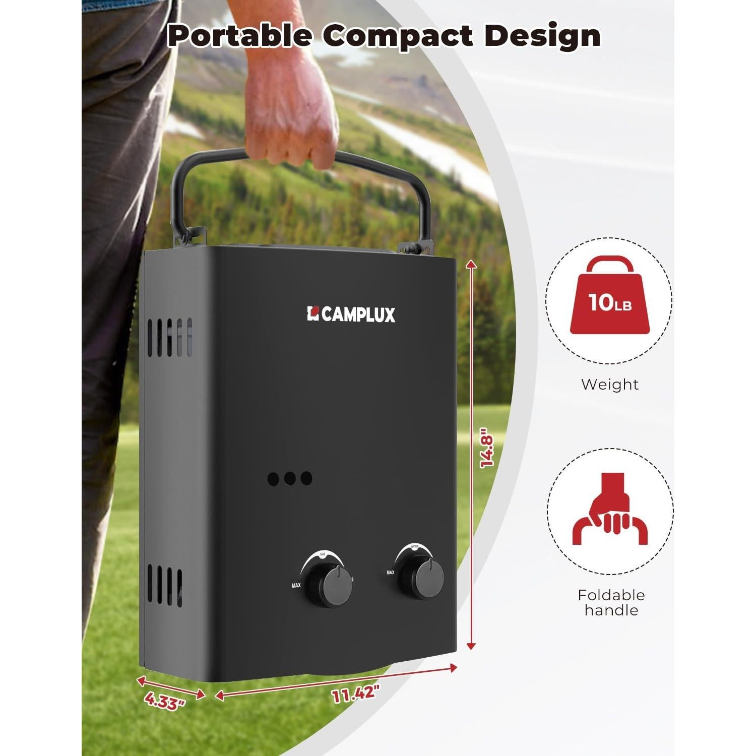Calentador de Agua Portátil Camplux 1.32 GPM Gas Propano Negro