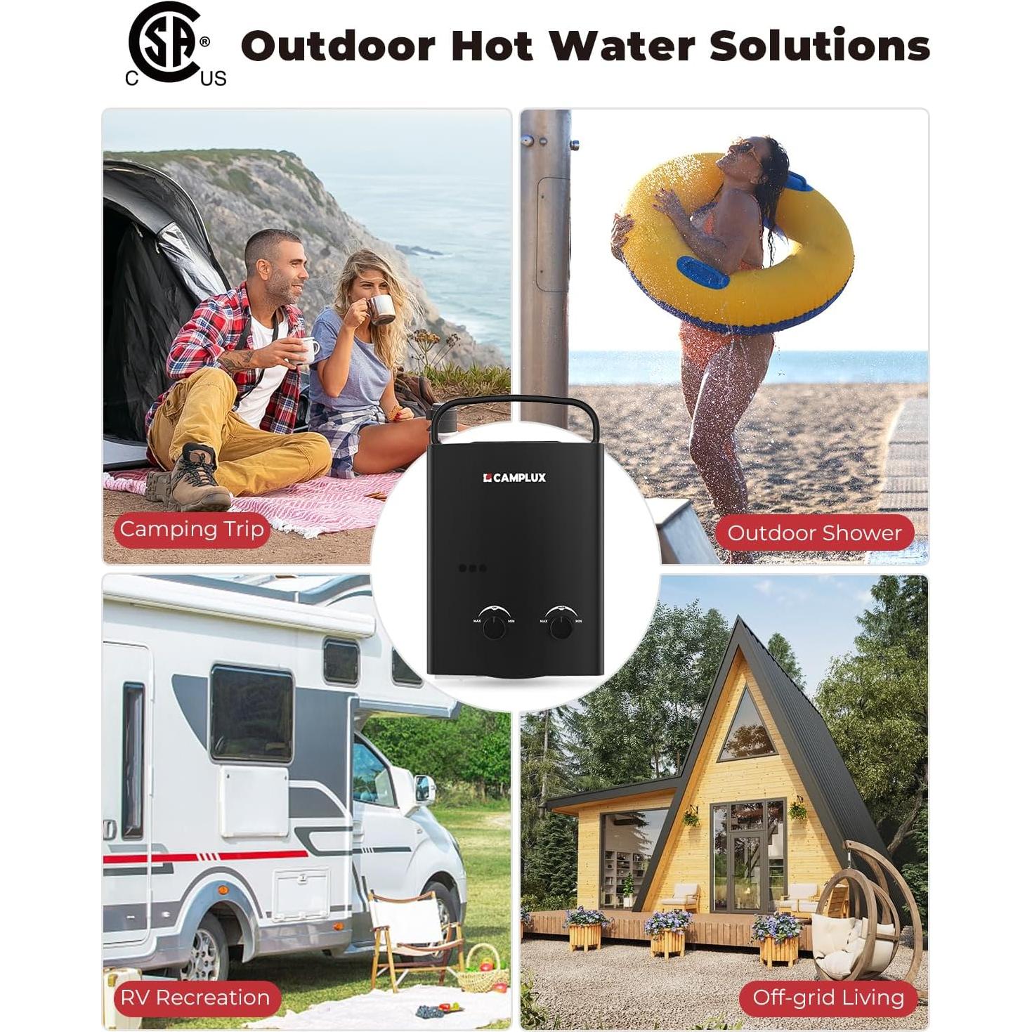 Calentador de Agua Portátil Camplux 1.32 GPM Gas Propano Negro