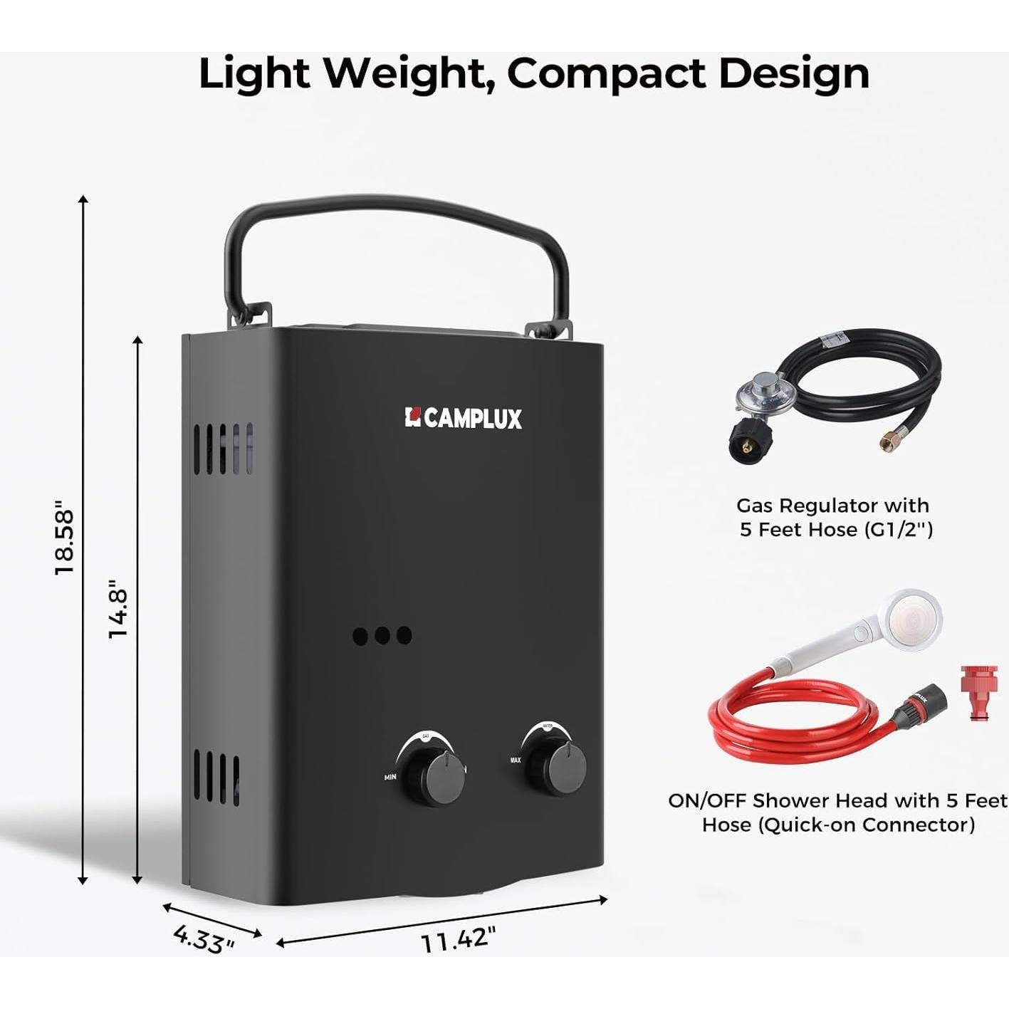 Calentador de Agua Portátil Camplux 1.32 GPM Gas Propano Negro