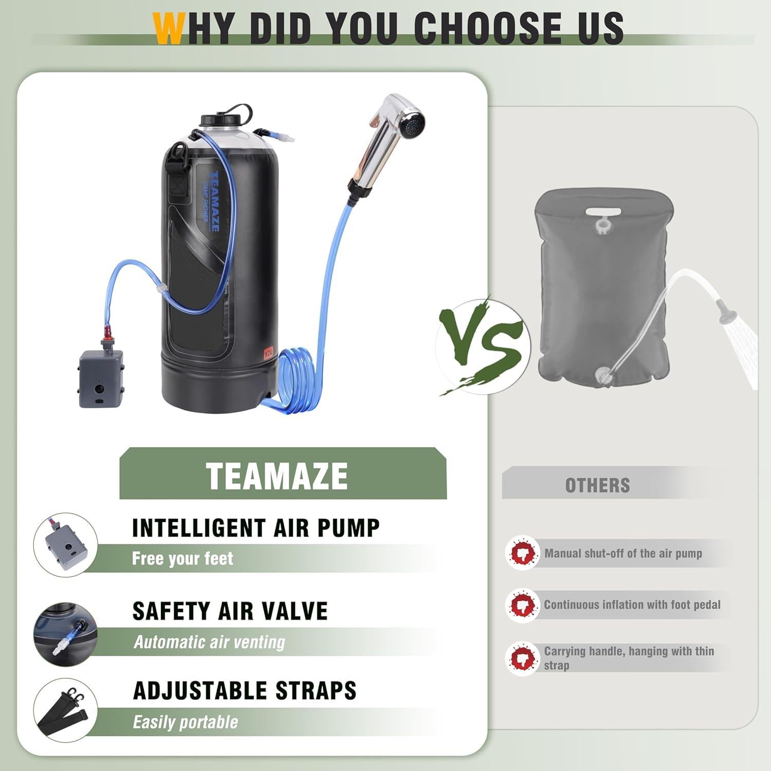 Ducha Portátil Solar 12L Teamaze JWKF0052ZH para Camping