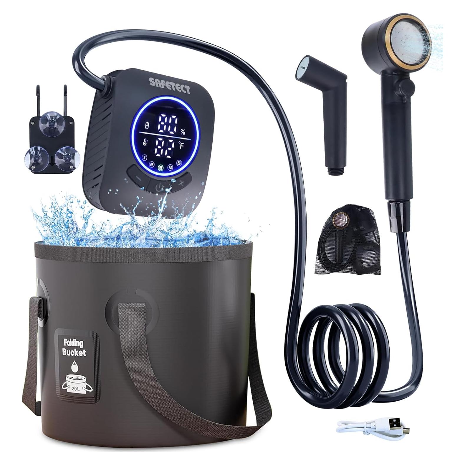 Portable Shower, Camp Shower Pump, IPX8 Waterproof, 8000mAh Rechargeable Shower Pump, 5 Speed Mode & 4 Water Mode Camping Shower with 20 L Foldable Bucket, for Hiking,Travel, Pet Bath, Car Wash