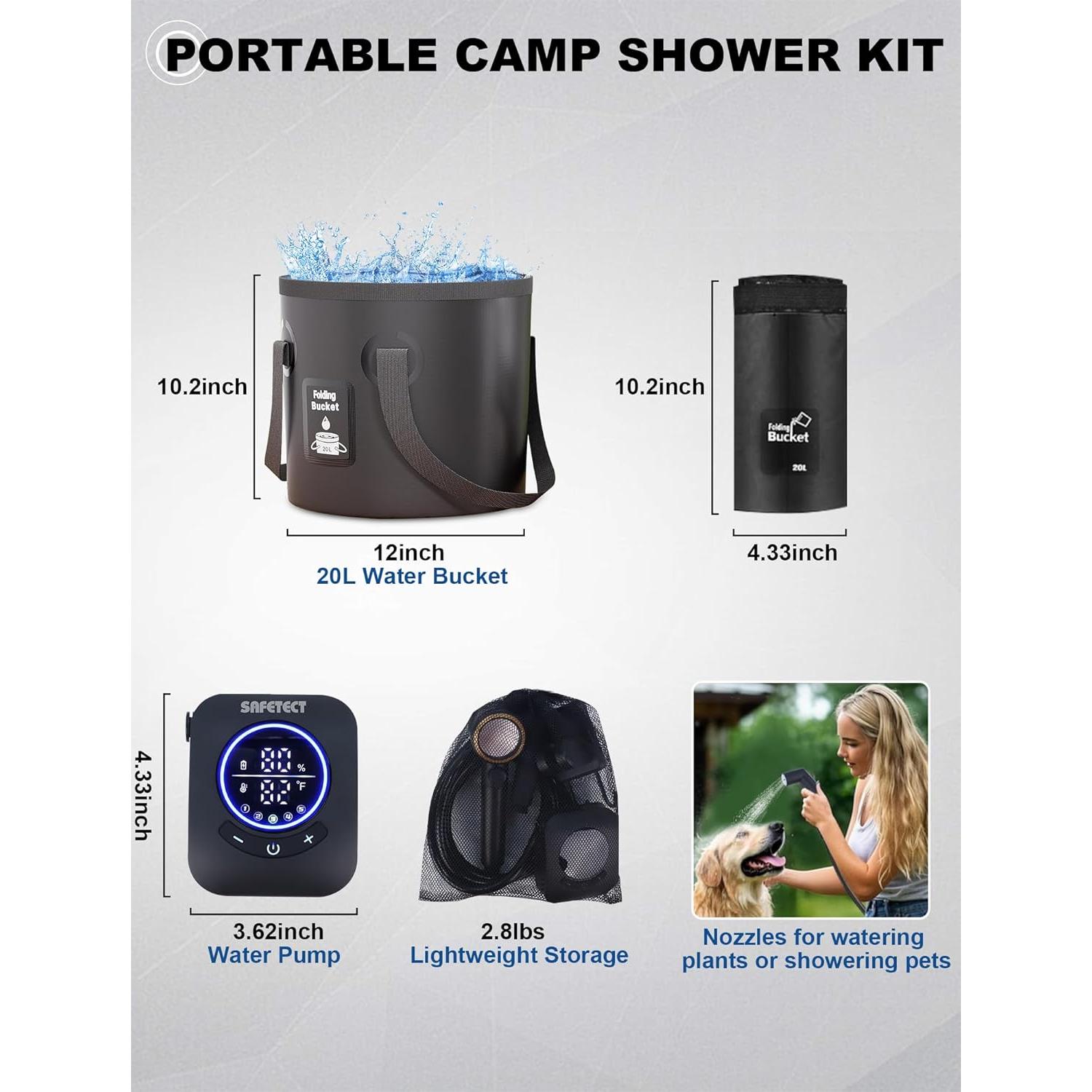 Portable Shower, Camp Shower Pump, IPX8 Waterproof, 8000mAh Rechargeable Shower Pump, 5 Speed Mode & 4 Water Mode Camping Shower with 20 L Foldable Bucket, for Hiking,Travel, Pet Bath, Car Wash