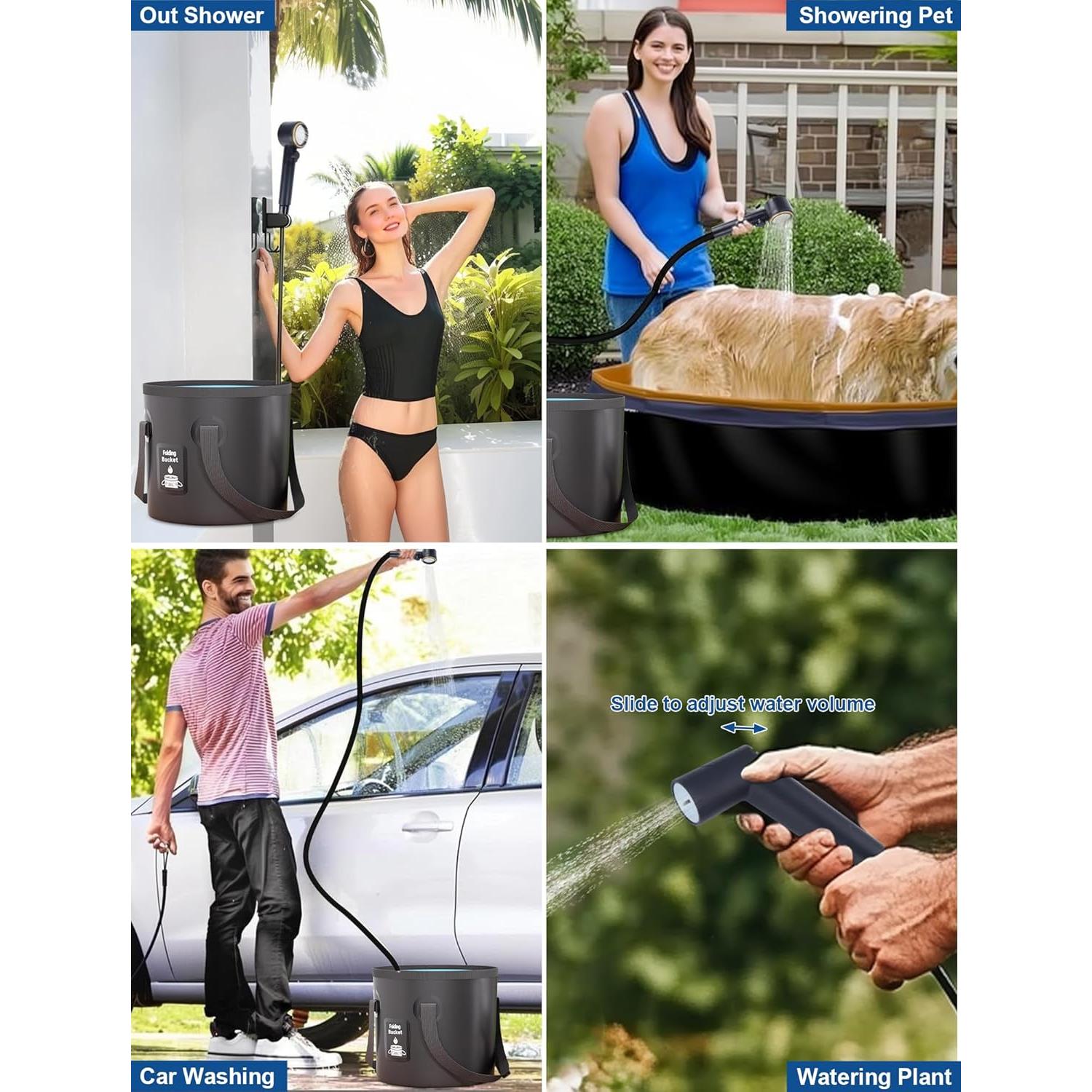 Portable Shower, Camp Shower Pump, IPX8 Waterproof, 8000mAh Rechargeable Shower Pump, 5 Speed Mode & 4 Water Mode Camping Shower with 20 L Foldable Bucket, for Hiking,Travel, Pet Bath, Car Wash