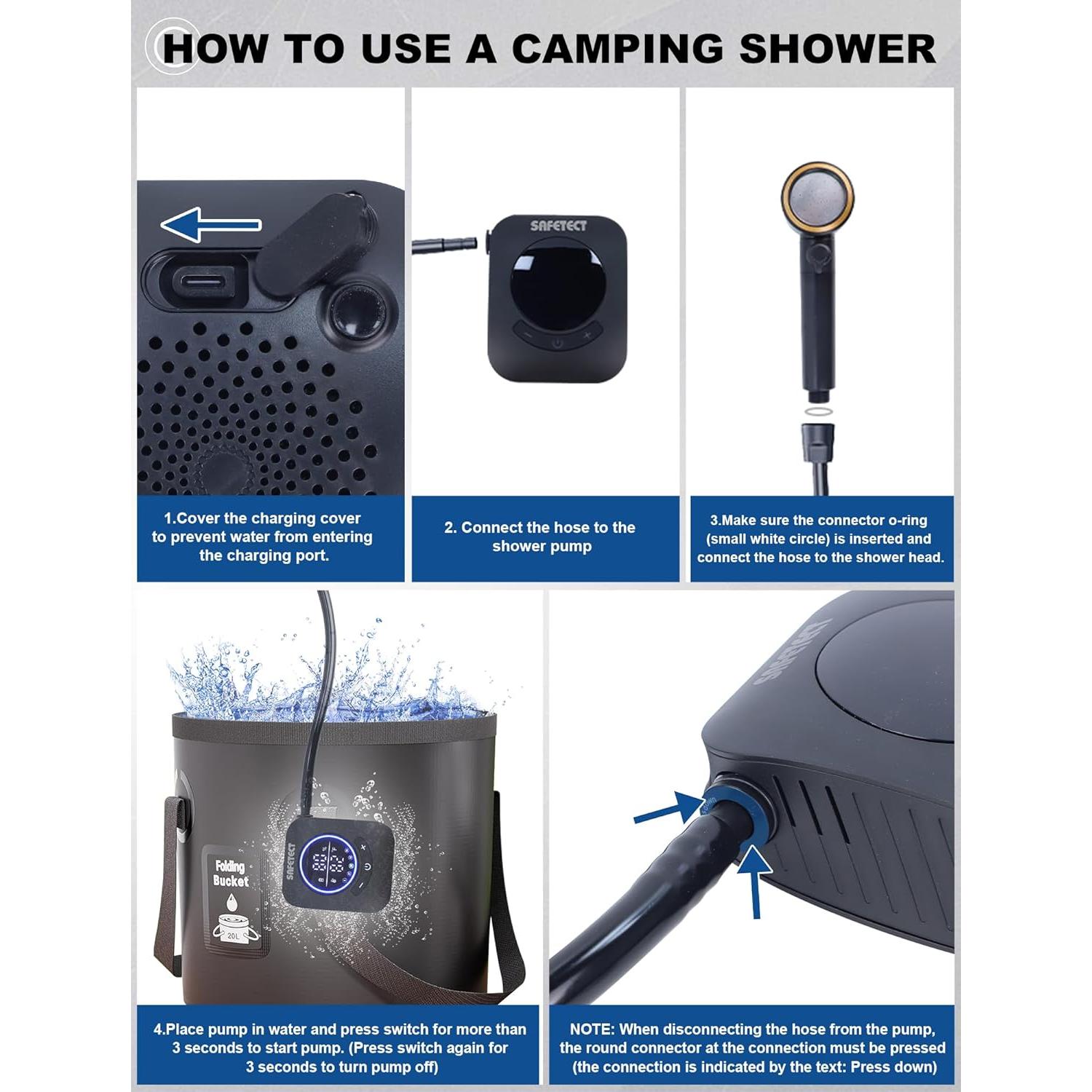 Portable Shower, Camp Shower Pump, IPX8 Waterproof, 8000mAh Rechargeable Shower Pump, 5 Speed Mode & 4 Water Mode Camping Shower with 20 L Foldable Bucket, for Hiking,Travel, Pet Bath, Car Wash