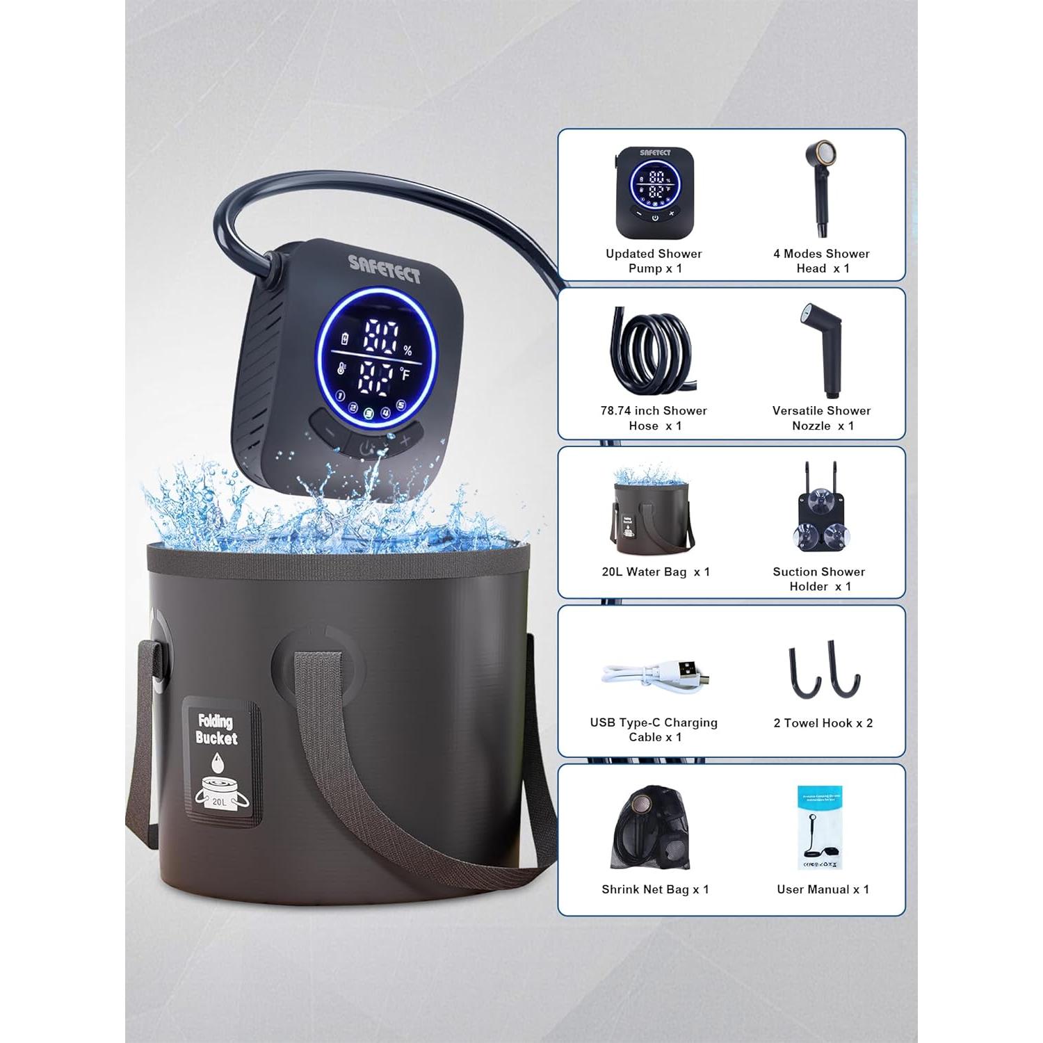 Portable Shower, Camp Shower Pump, IPX8 Waterproof, 8000mAh Rechargeable Shower Pump, 5 Speed Mode & 4 Water Mode Camping Shower with 20 L Foldable Bucket, for Hiking,Travel, Pet Bath, Car Wash
