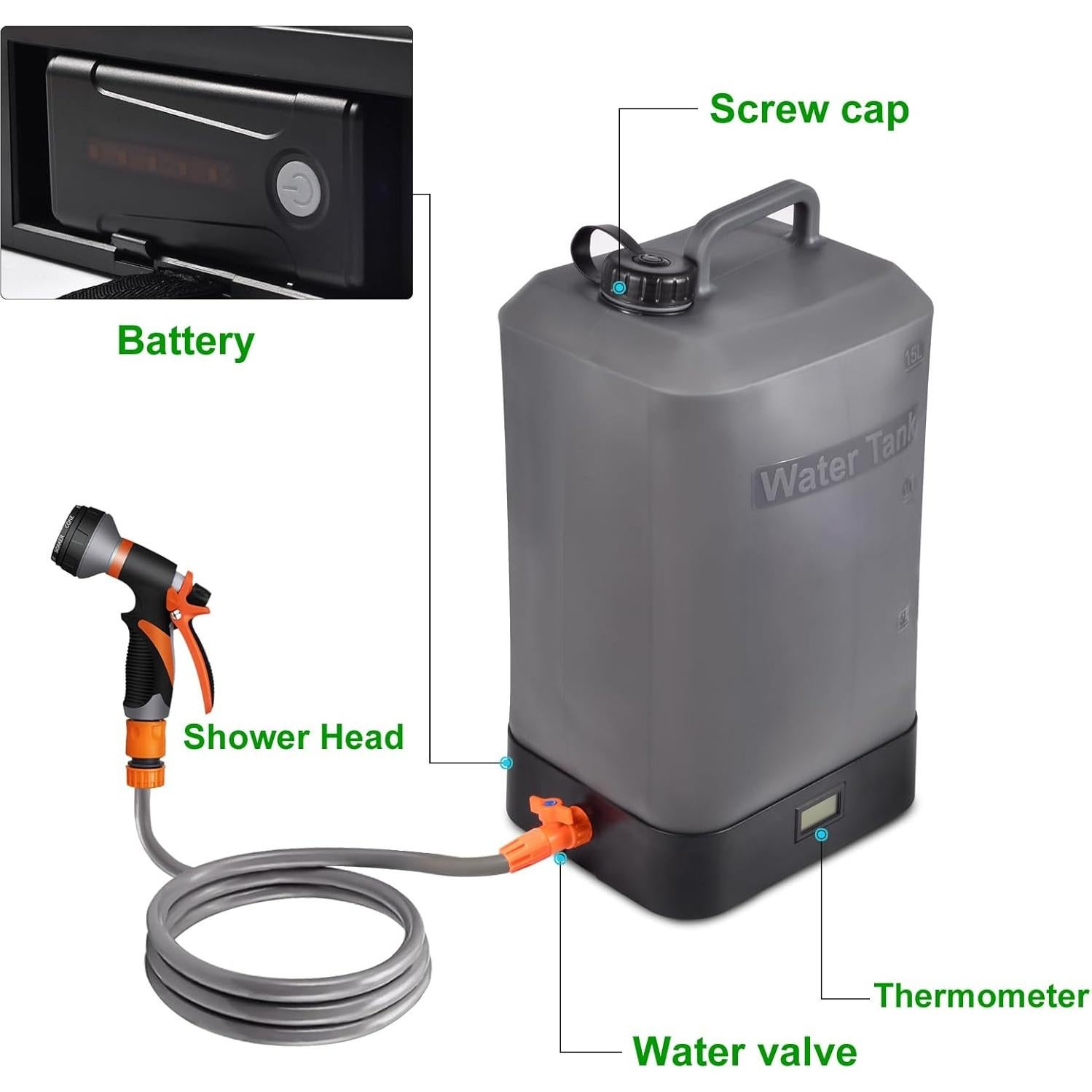 Ducha portátil AZXJC 16L con calefacción solar y 8 modos