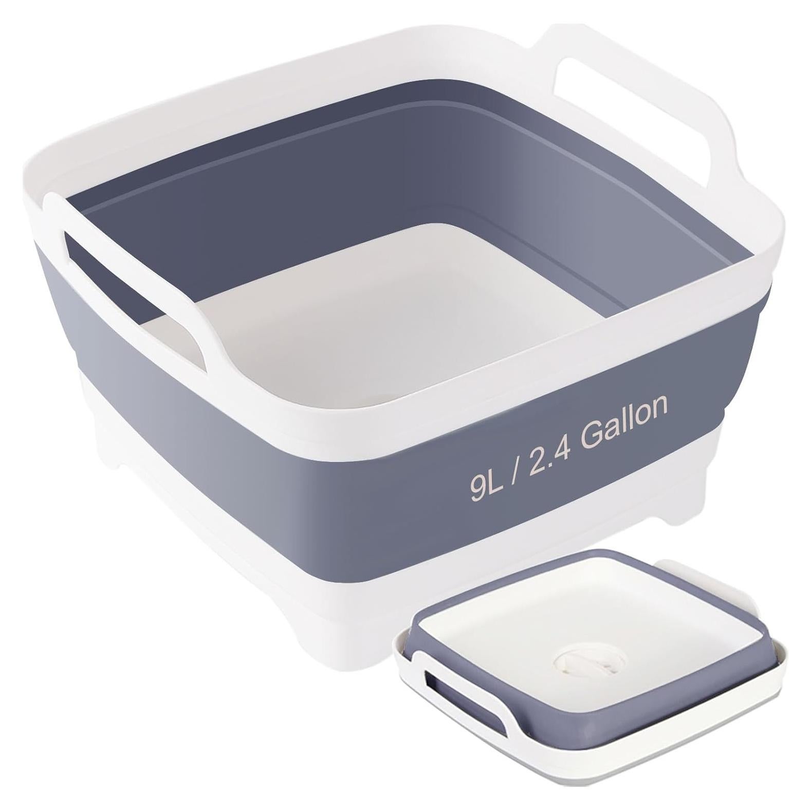 Collapsible Wash Basin with Drain Plug – 2.4 Gallon Portable Sink Tub for Baby Bottles, Dishwashing, RV & Camping | Space Saving Foldable Design | BPA-Free TPR/PP Material (Grey)