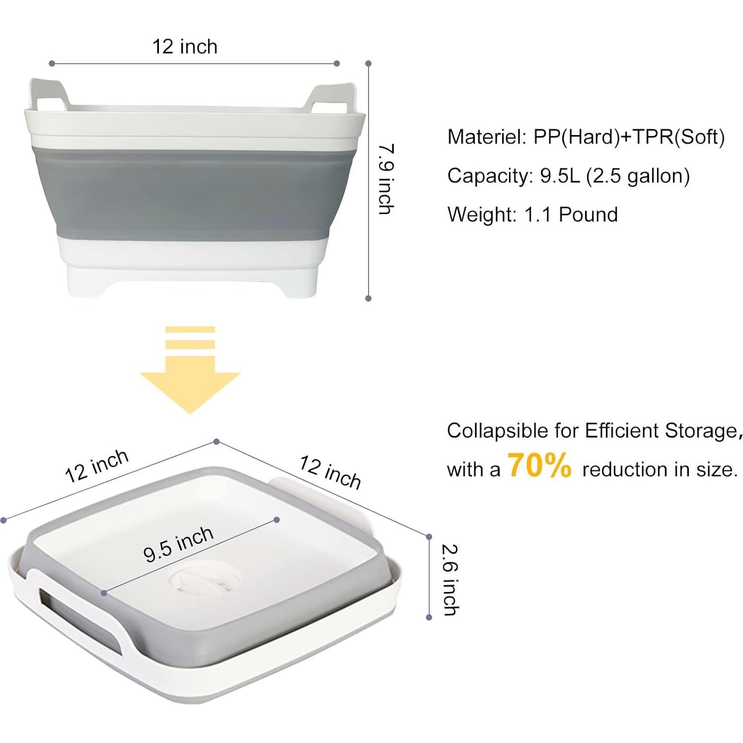 Collapsible Wash Basin with Drain Plug – 2.4 Gallon Portable Sink Tub for Baby Bottles, Dishwashing, RV & Camping | Space Saving Foldable Design | BPA-Free TPR/PP Material (Grey)